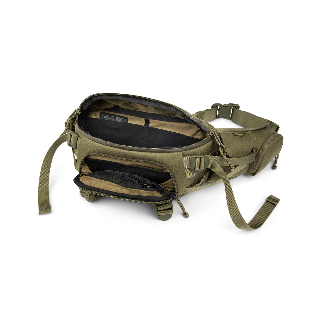 Sac de taille Mission EXP 2.5 Olive, compartiment ouvert