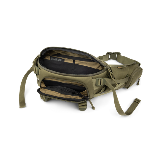 Sac de taille Mission EXP 2.5 Olive, compartiment ouvert
