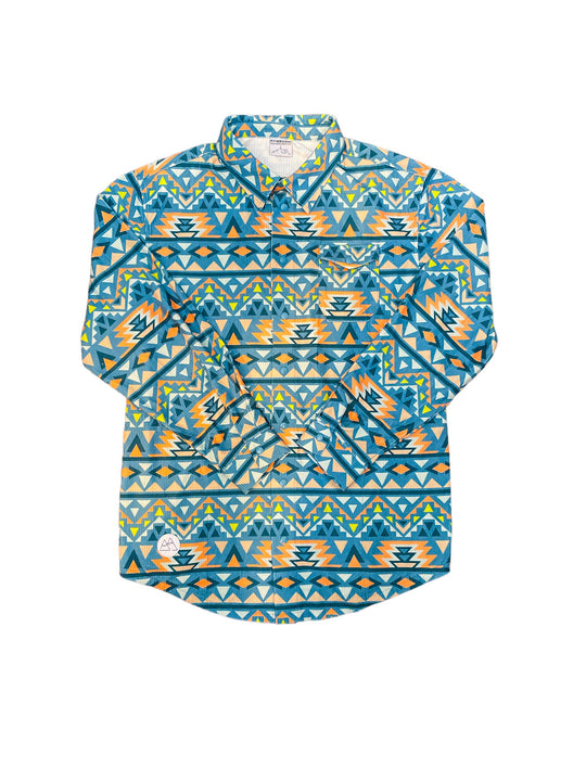 Chemise Beach Cruiser en cor du roi mince, imprimé géométrique bleu royal et salmon - Petit Montagnard