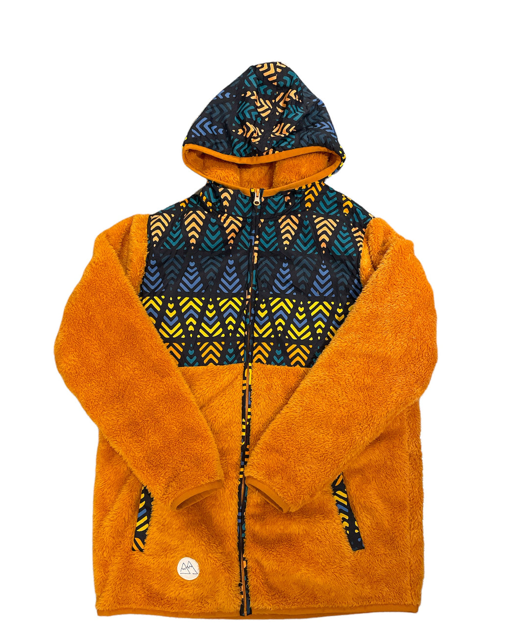 Veste sherpa orangée à capuchon avec empècement à motifs - Petit Montagnard